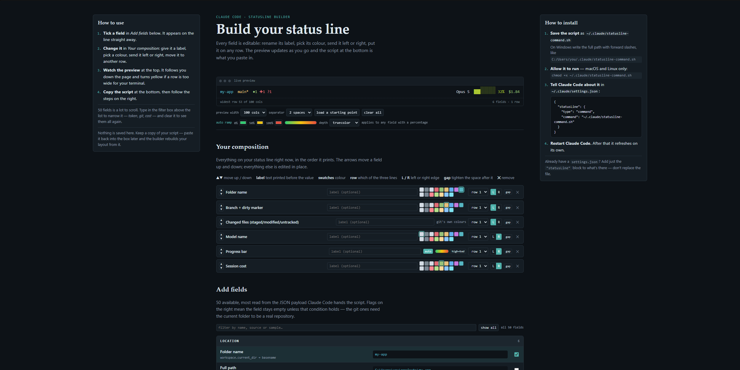 Claude Code Statusline Builder showing a live terminal preview, composition rows and colour swatches