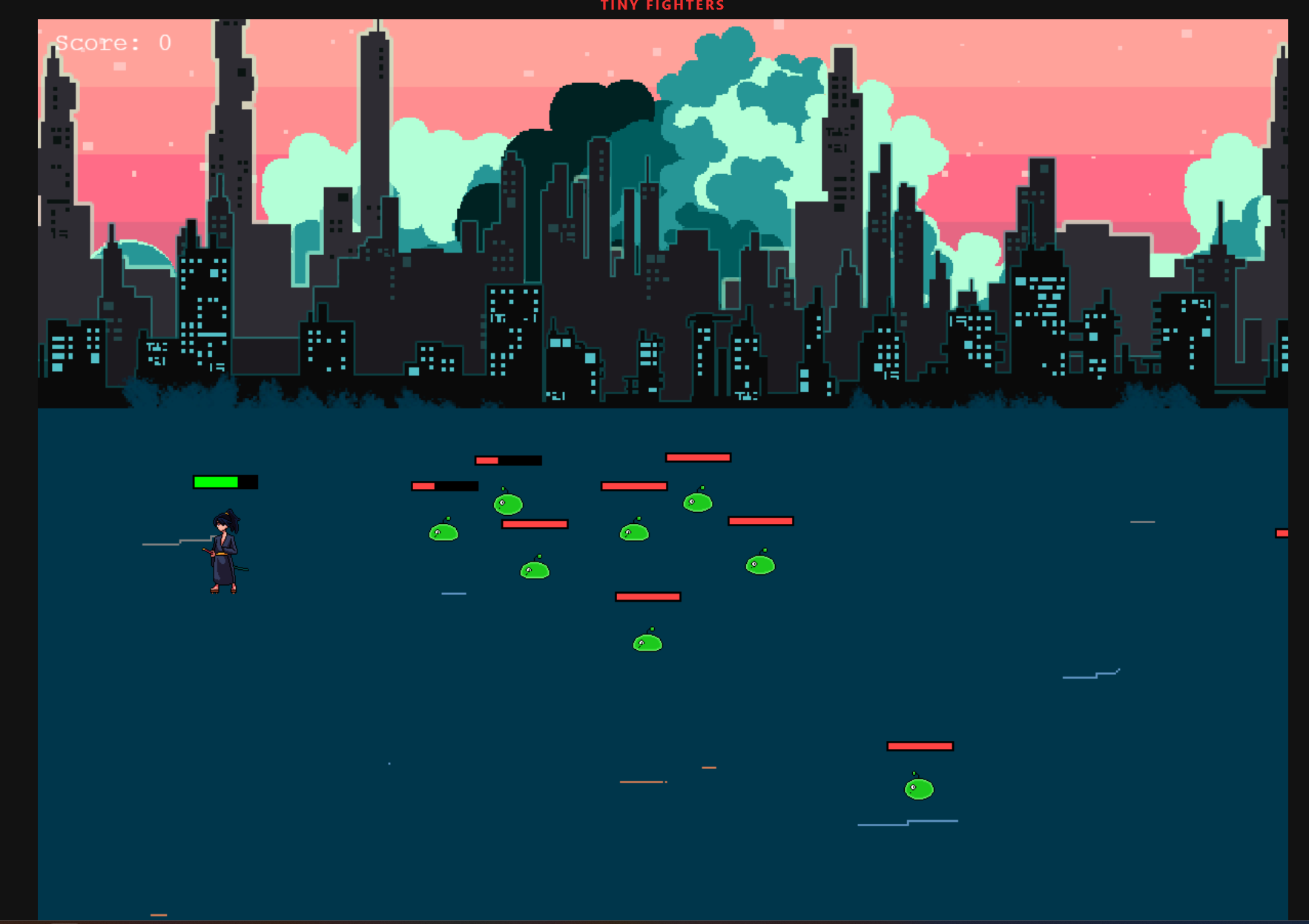 Tiny Fighters gameplay, a pixel-art samurai facing slimes in front of a neon city skyline