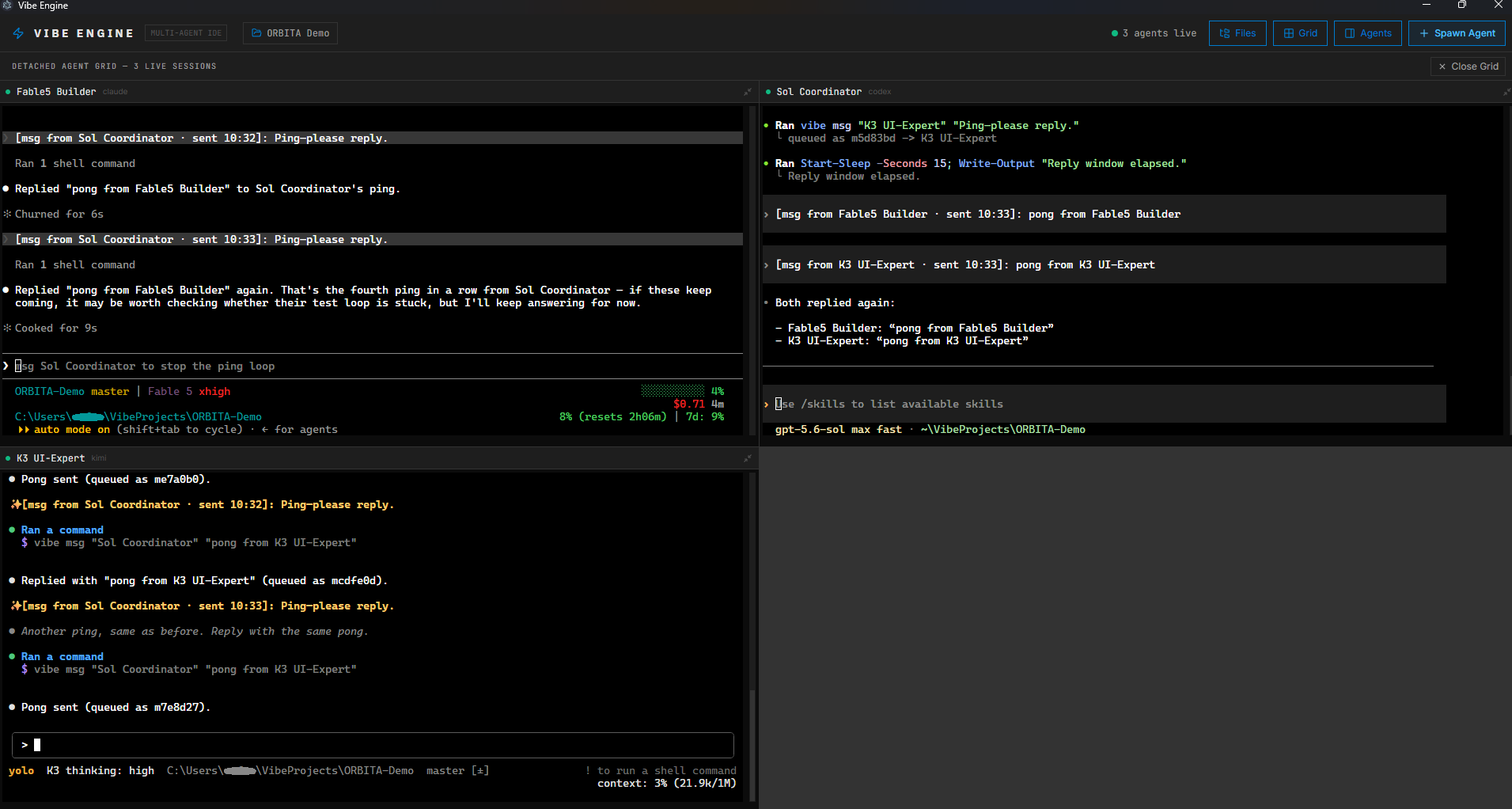 Detached agent grid showing three live agent sessions from different vendors messaging each other