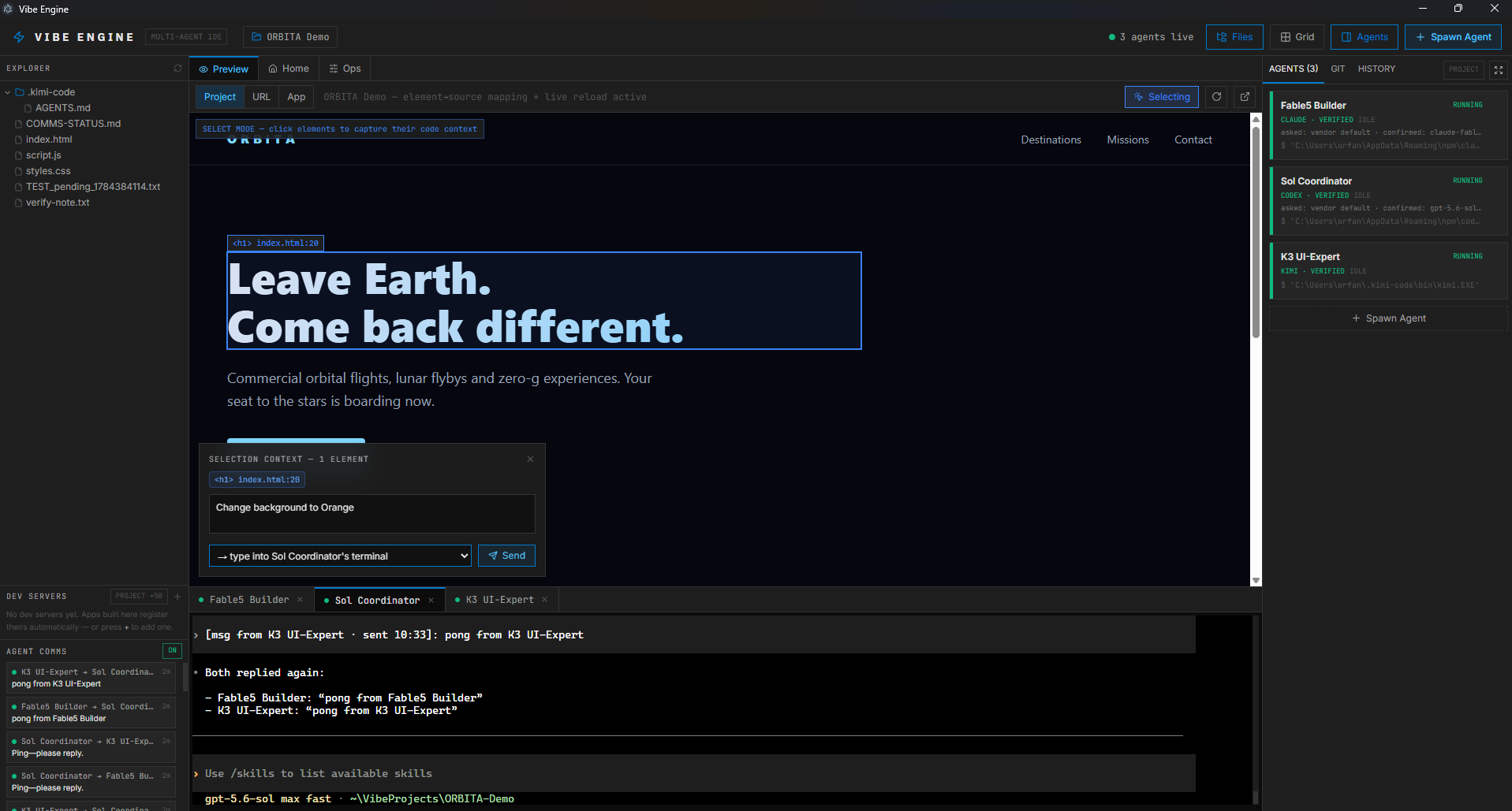 Select mode, where a heading in the live preview is highlighted with its source location and an instruction is ready to send to an agent