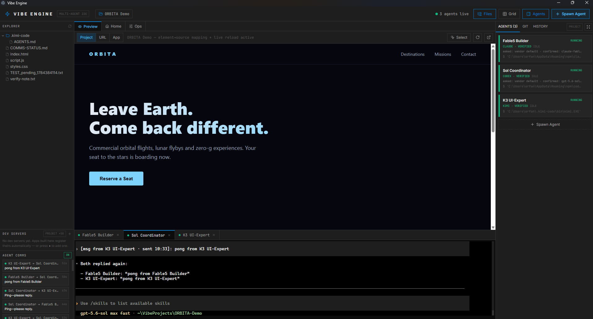 Vibe Engine showing a file explorer, a live preview of a web app, and a panel of running agents